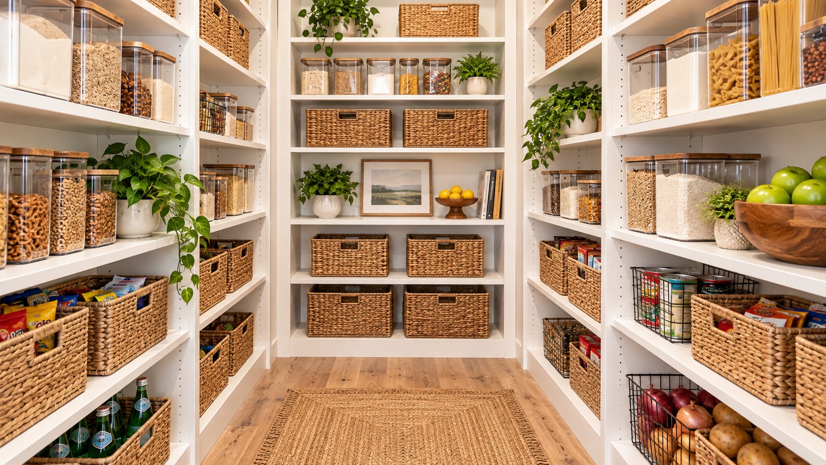 Bright organized walk-in pantry with clear containers, woven baskets, plants, and open shelving